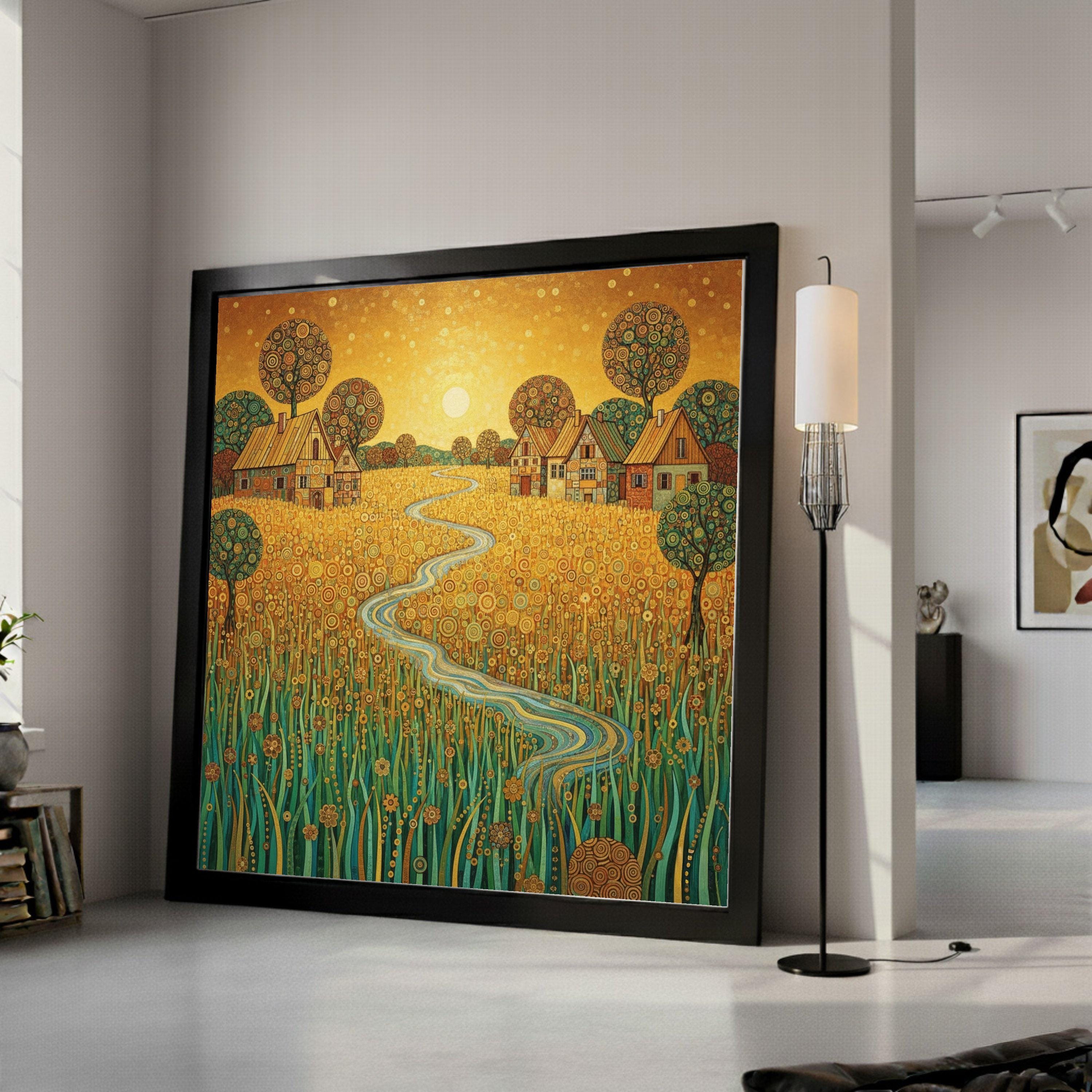 Golden Meadow Canvas Wall Art, Abstract Countryside Landscape, Rustic Village Scene, Winding River Painting, Nature Home Ready To Hang,