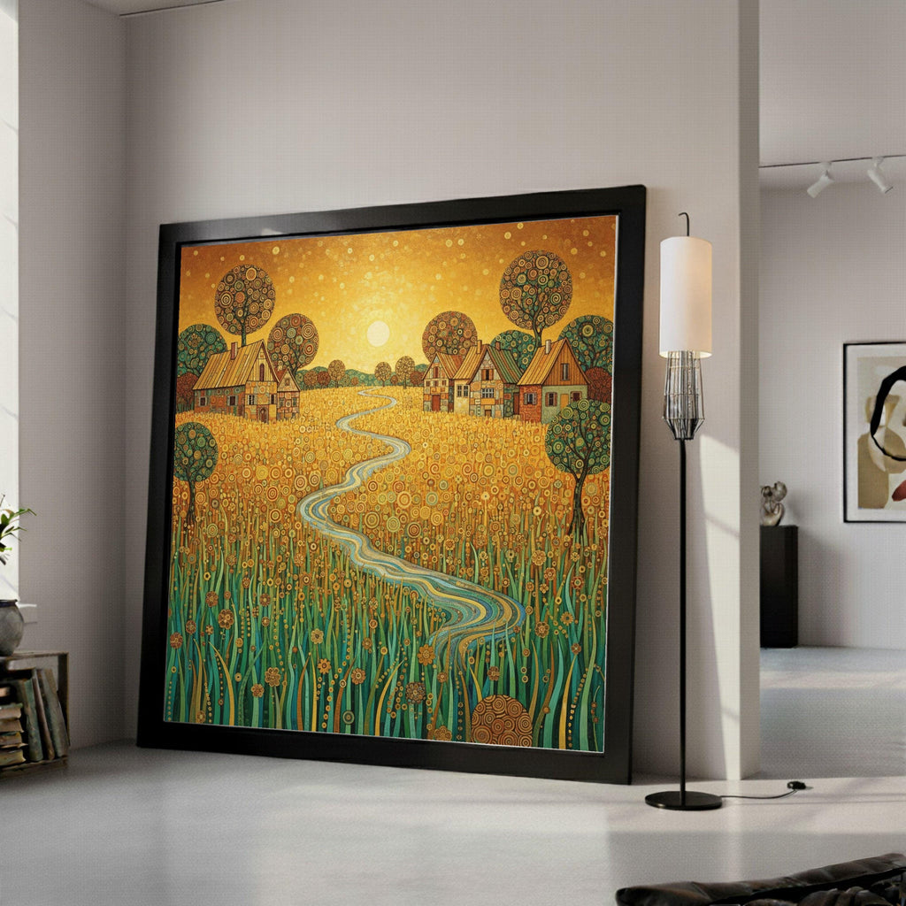 Golden Meadow Canvas Wall Art, Abstract Countryside Landscape, Rustic Village Scene, Winding River Painting, Nature Home Ready To Hang,