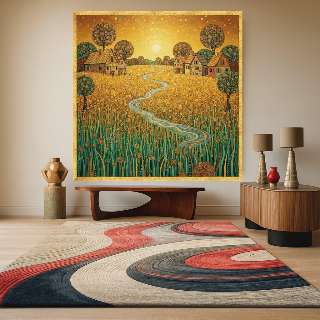 Golden Meadow Canvas Wall Art, Abstract Countryside Landscape, Rustic Village Scene, Winding River Painting, Nature Home Ready To Hang,