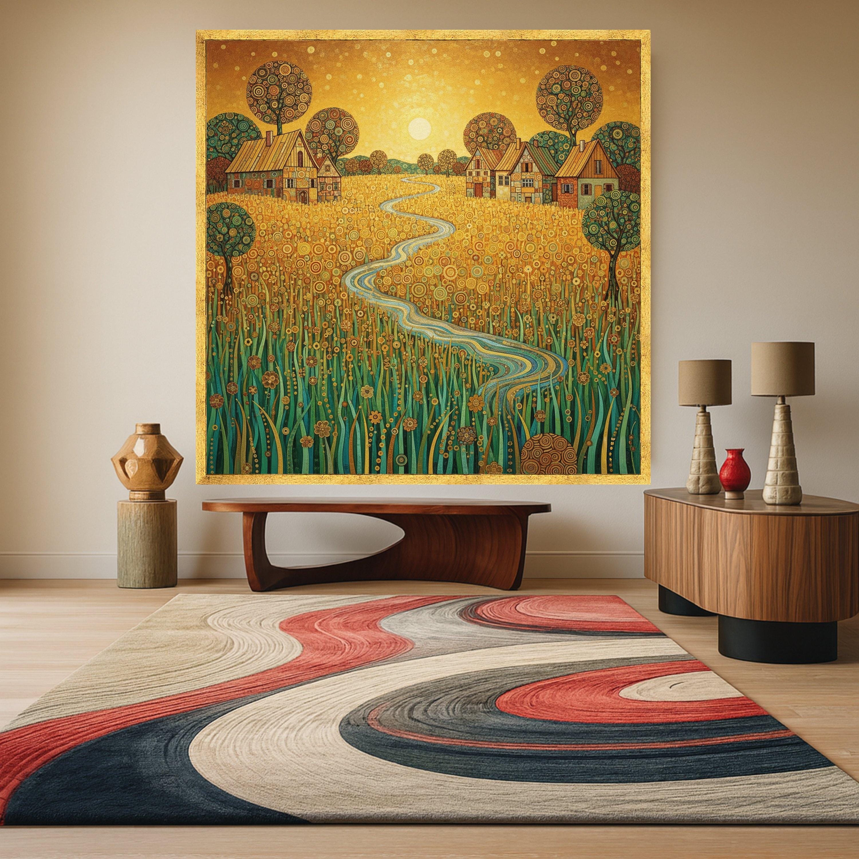 Golden Meadow Canvas Wall Art, Abstract Countryside Landscape, Rustic Village Scene, Winding River Painting, Nature Home Ready To Hang,