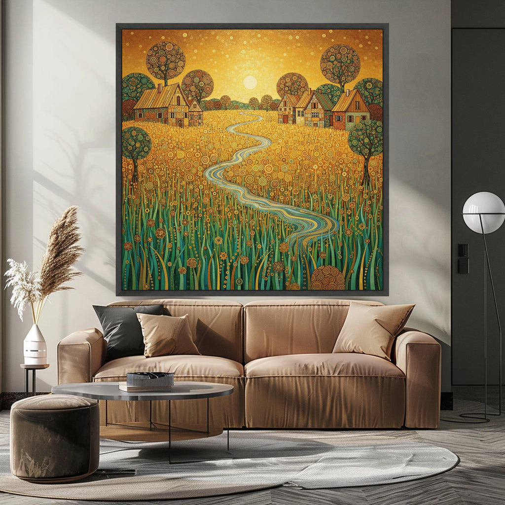 Golden Meadow Canvas Wall Art, Abstract Countryside Landscape, Rustic Village Scene, Winding River Painting, Nature Home Ready To Hang,