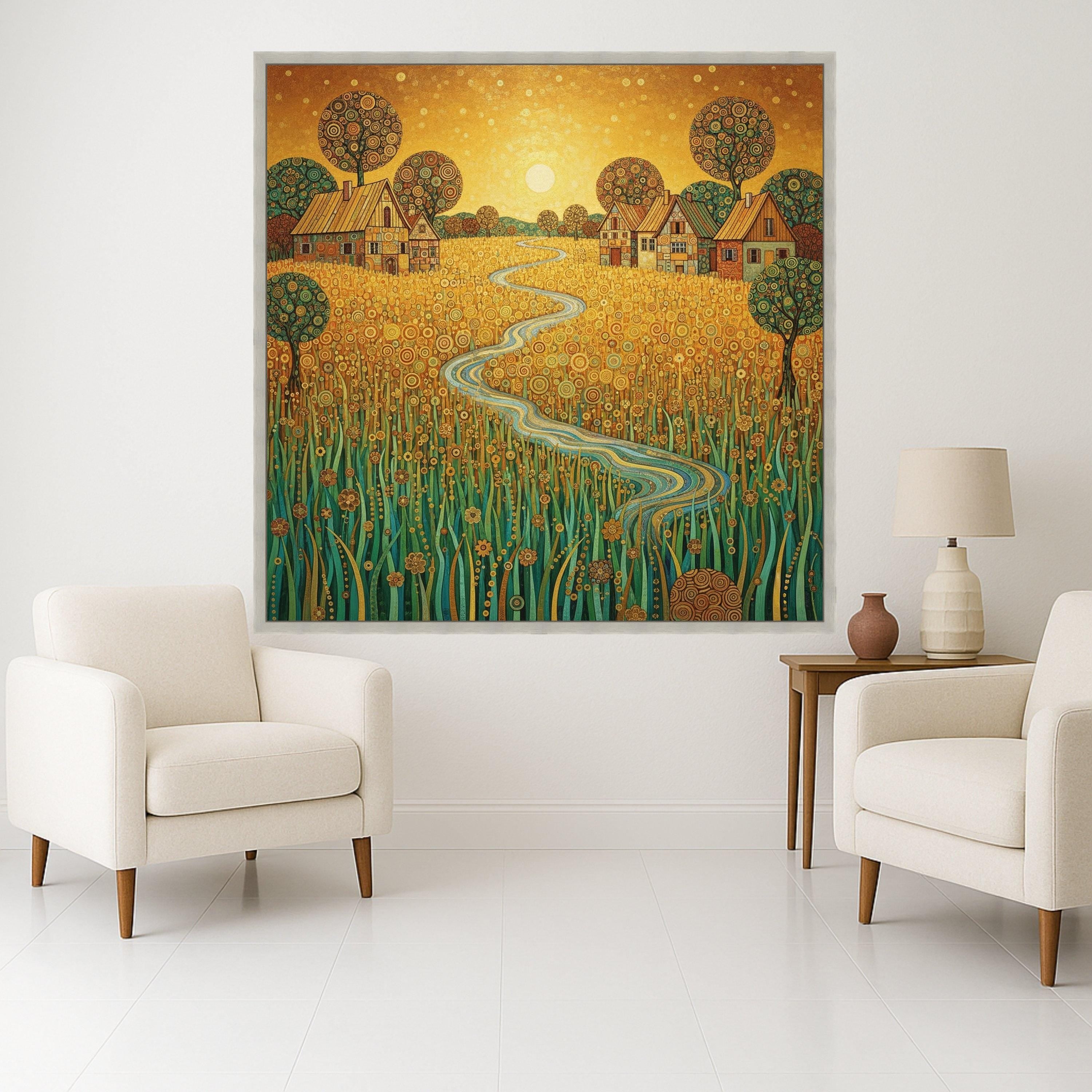 Golden Meadow Canvas Wall Art, Abstract Countryside Landscape, Rustic Village Scene, Winding River Painting, Nature Home Ready To Hang,