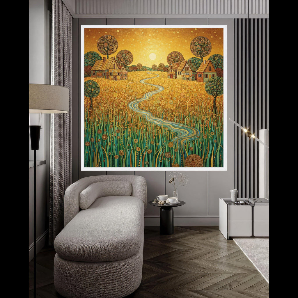 Golden Meadow Canvas Wall Art, Abstract Countryside Landscape, Rustic Village Scene, Winding River Painting, Nature Home Ready To Hang,