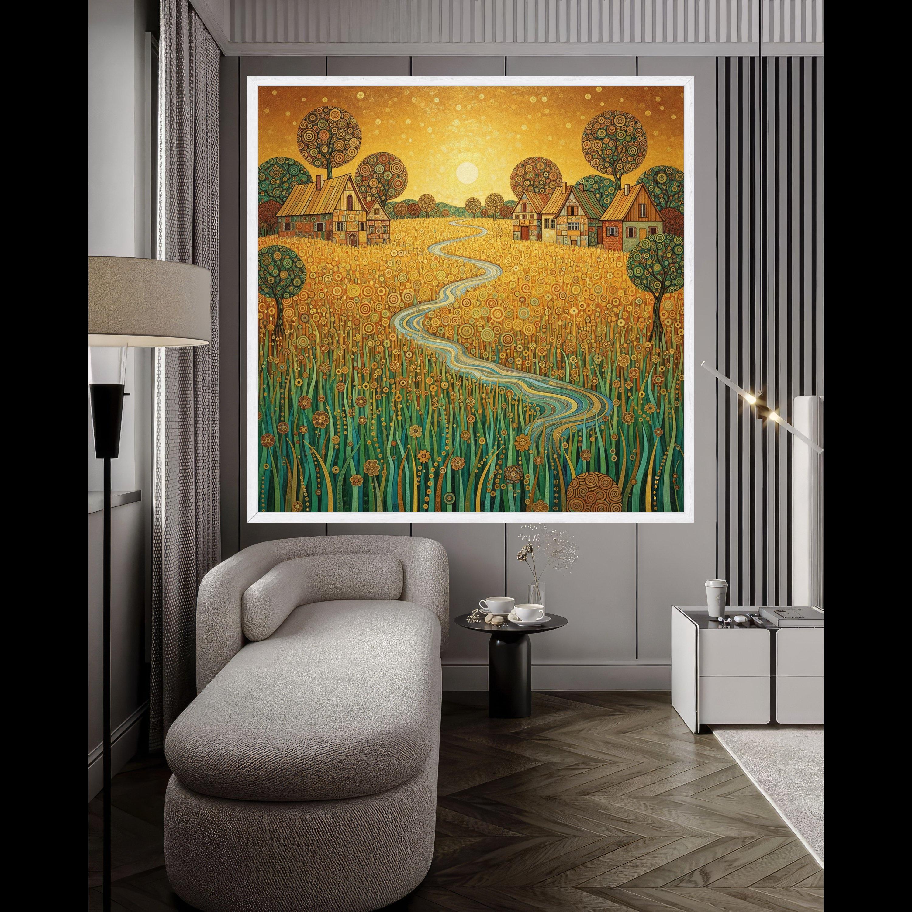 Golden Meadow Canvas Wall Art, Abstract Countryside Landscape, Rustic Village Scene, Winding River Painting, Nature Home Ready To Hang,