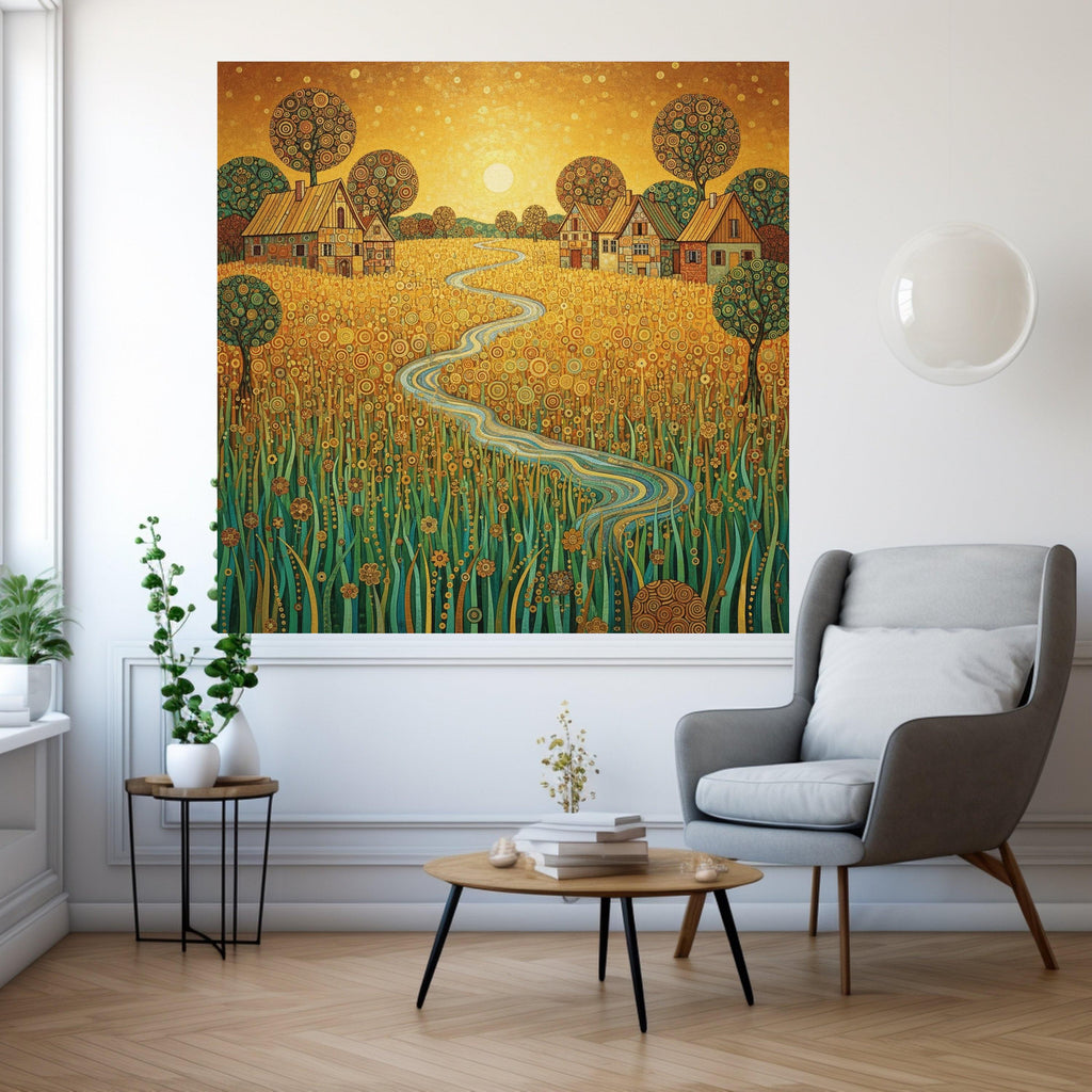 Golden Meadow Canvas Wall Art, Abstract Countryside Landscape, Rustic Village Scene, Winding River Painting, Nature Home Ready To Hang,