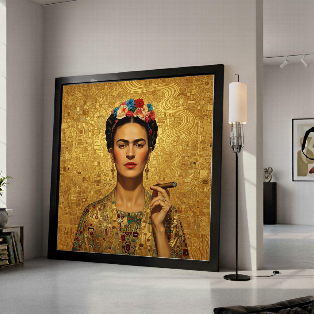 Frida Kahlo Inspired Portrait Canvas, Modern Abstract Gold Art, Floral Crown Wall Art, Cuban Cigar Smoking, Decorative Canvas Ready To Hang,
