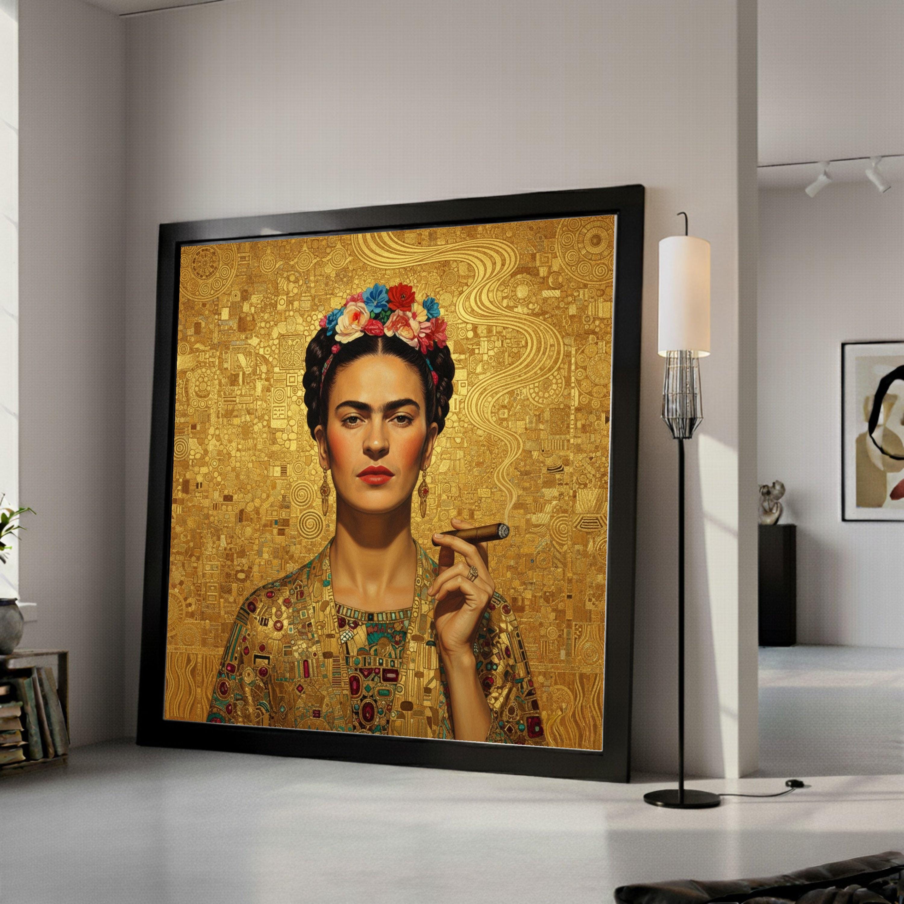 Frida Kahlo Inspired Portrait Canvas, Modern Abstract Gold Art, Floral Crown Wall Art, Cuban Cigar Smoking, Decorative Canvas Ready To Hang,