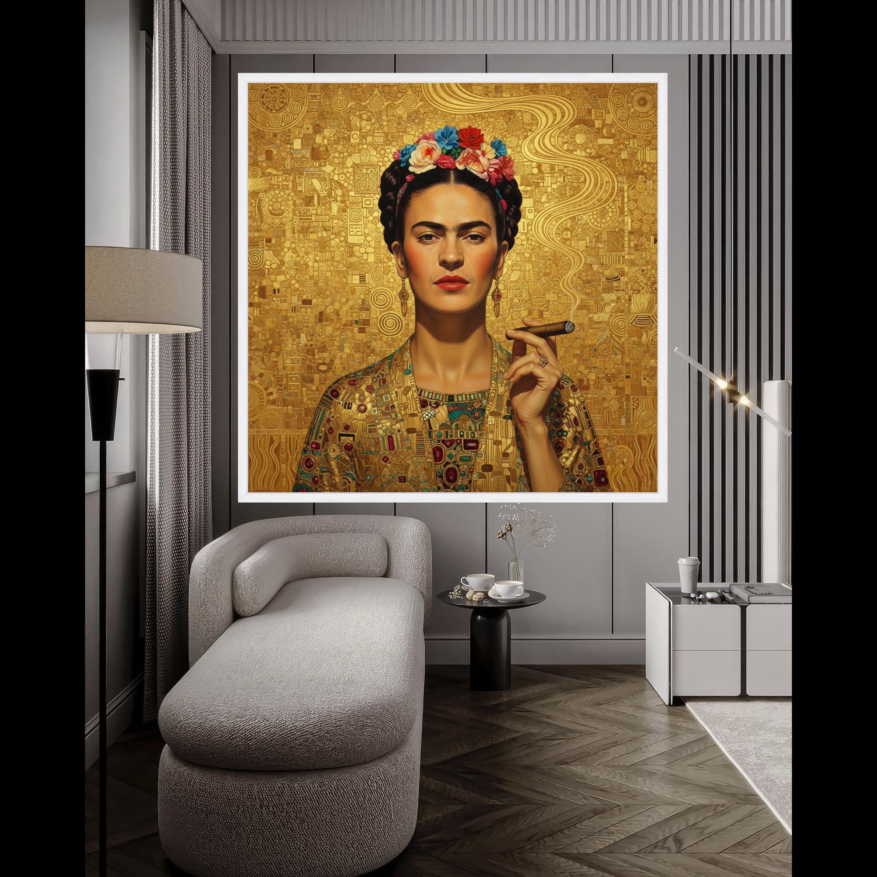 Frida Kahlo Inspired Portrait Canvas, Modern Abstract Gold Art, Floral Crown Wall Art, Cuban Cigar Smoking, Decorative Canvas Ready To Hang,