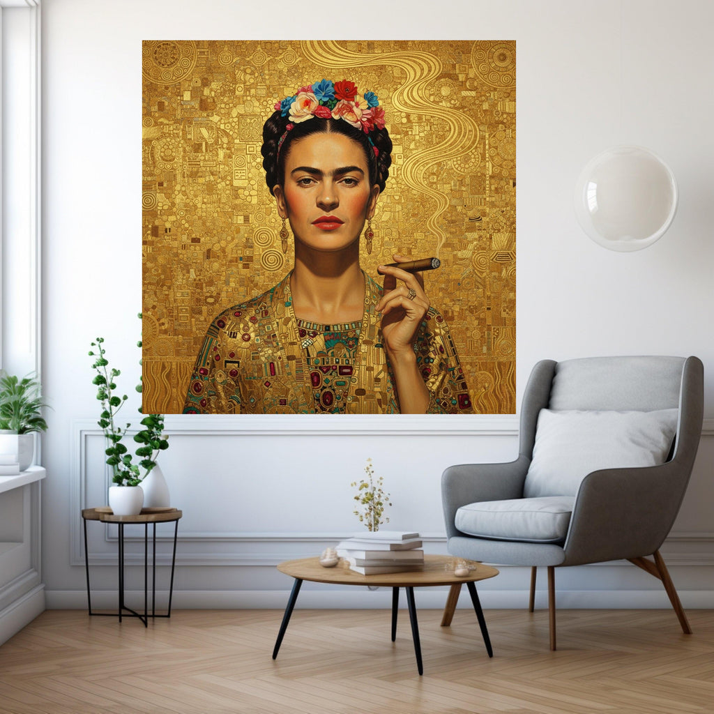 Frida Kahlo Inspired Portrait Canvas, Modern Abstract Gold Art, Floral Crown Wall Art, Cuban Cigar Smoking, Decorative Canvas Ready To Hang,