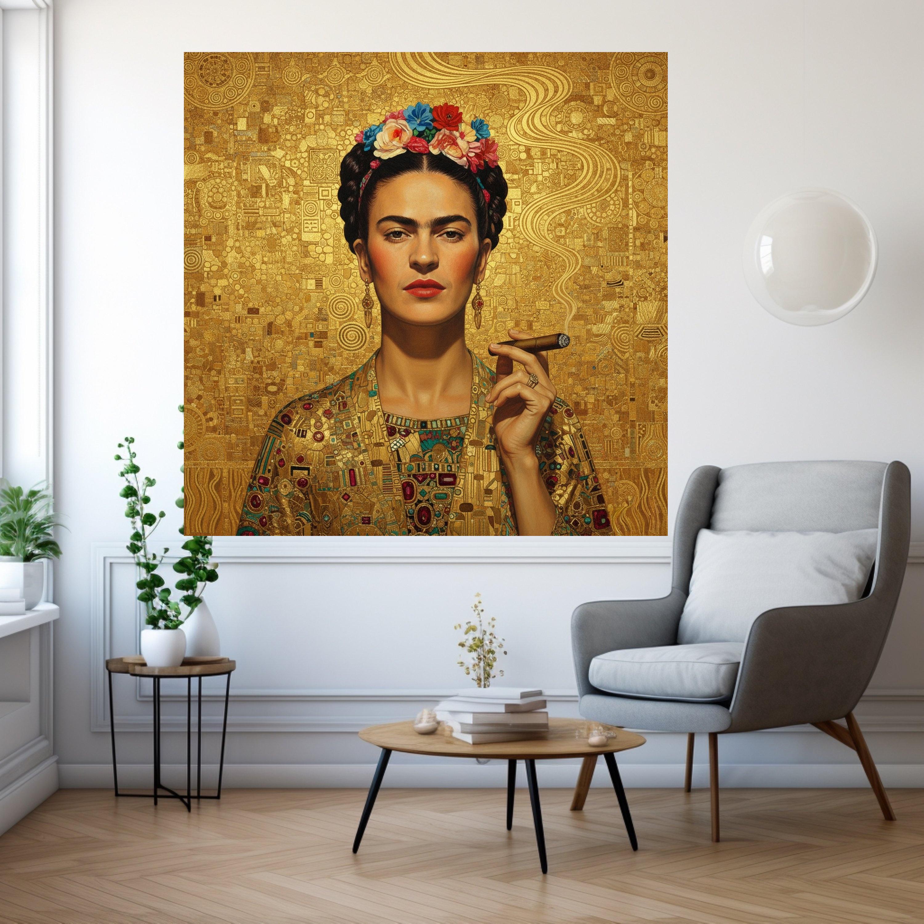 Frida Kahlo Inspired Portrait Canvas, Modern Abstract Gold Art, Floral Crown Wall Art, Cuban Cigar Smoking, Decorative Canvas Ready To Hang,