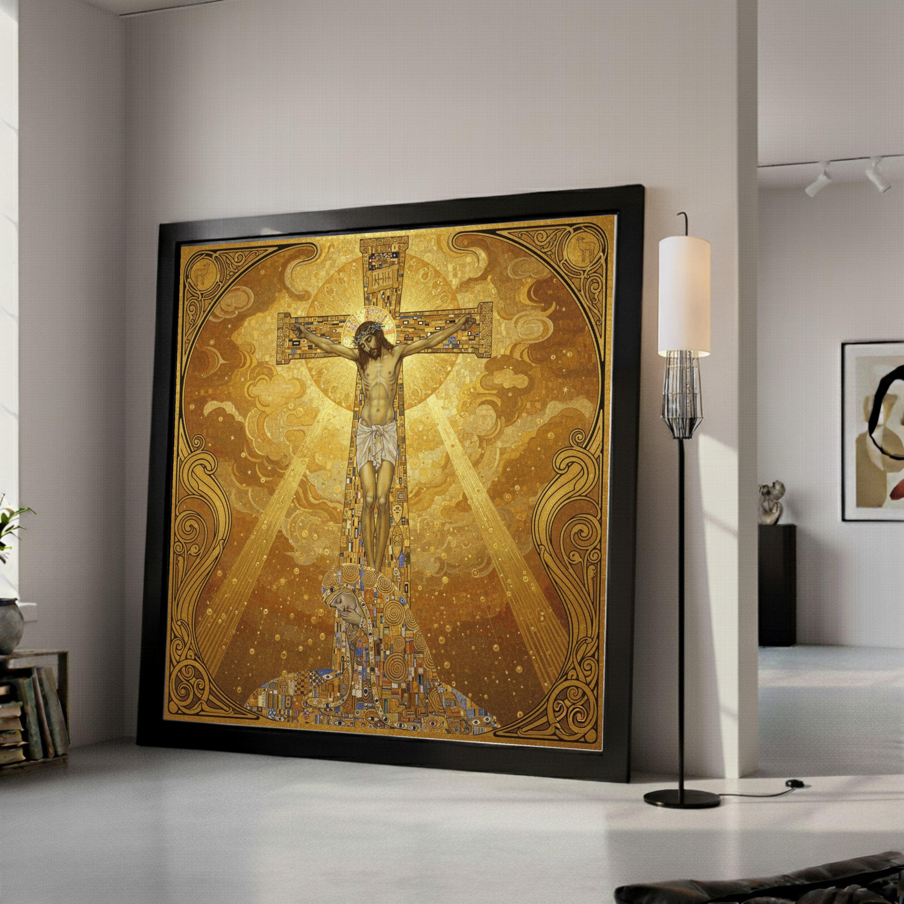 Gustav Klimt Inspired Crucifixion Canvas Wall Art, Religious Christian Canvas, Gold Toned Spiritual Home Decoration, Sacred Ready To Hang,