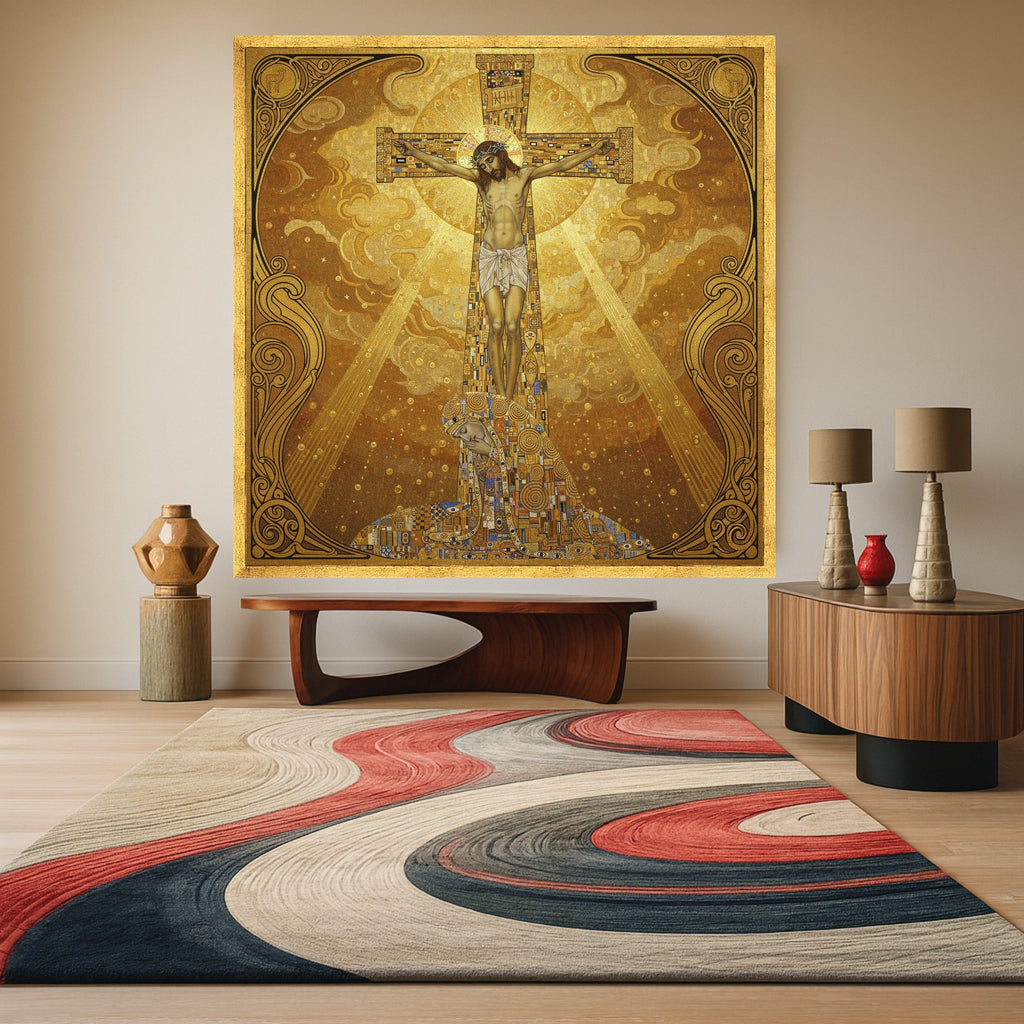 Gustav Klimt Inspired Crucifixion Canvas Wall Art, Religious Christian Canvas, Gold Toned Spiritual Home Decoration, Sacred Ready To Hang,