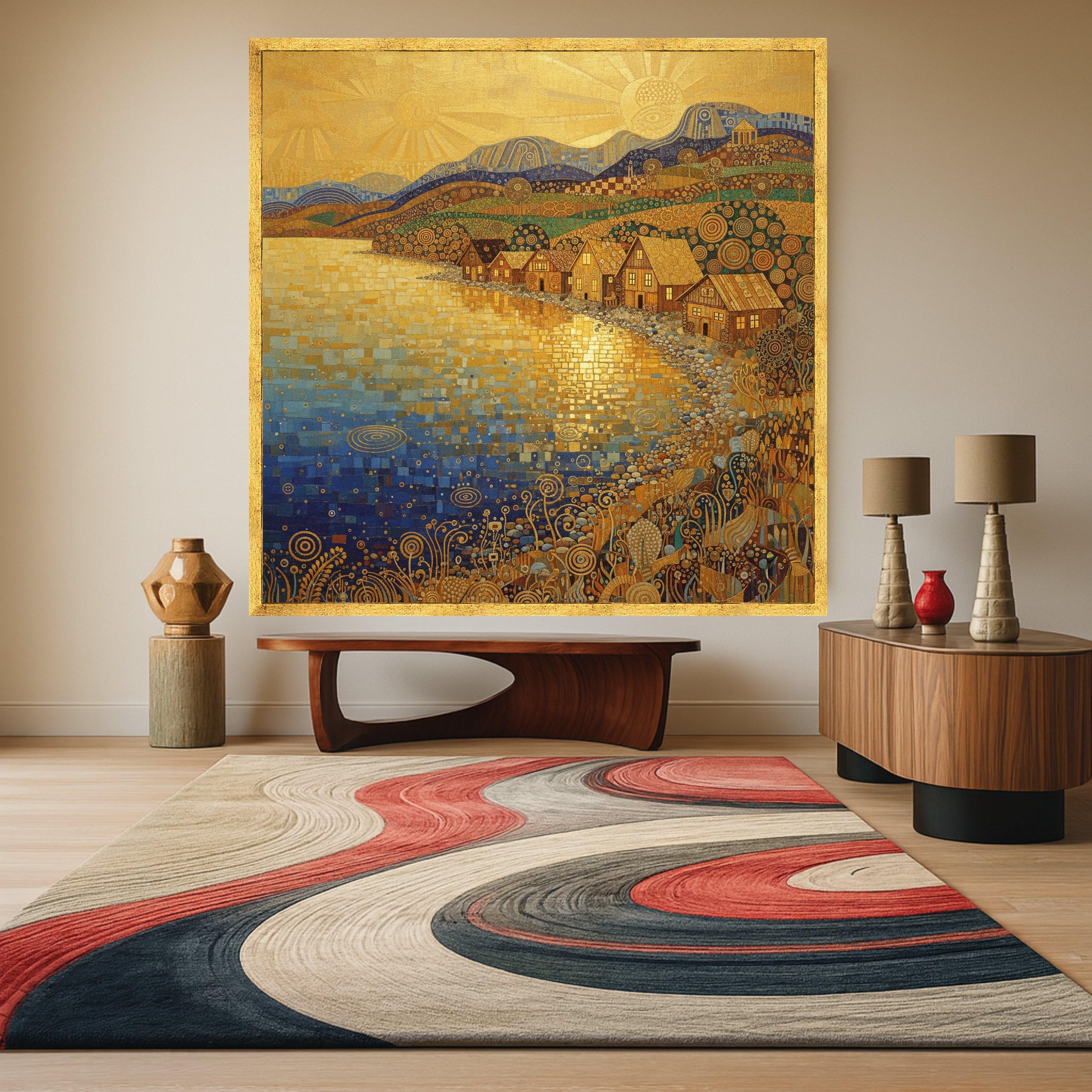 Golden Sunrise Village, Abstract Coastal Canvas, Decorative Landscape Wall Art, Modern Art Painting, Nature Canvas, Home Wall Ready To Hang,