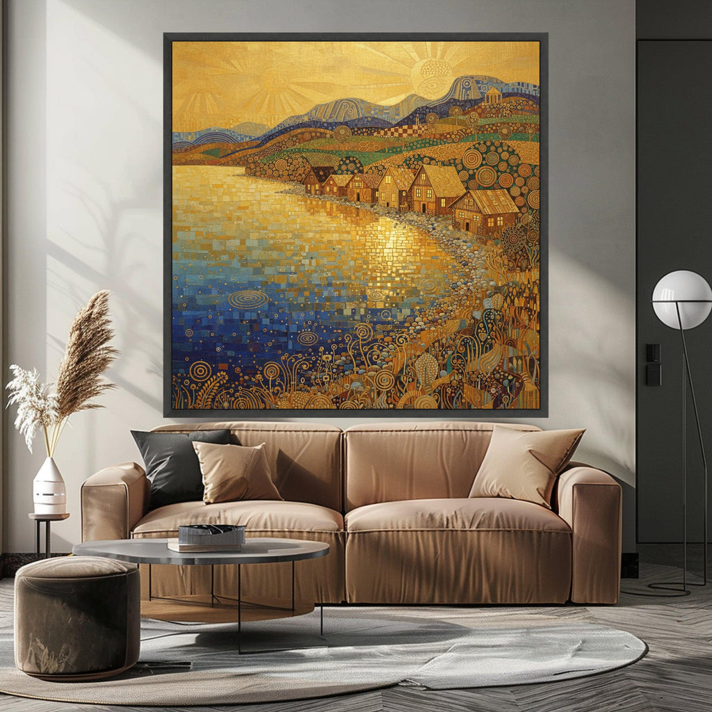 Golden Sunrise Village, Abstract Coastal Canvas, Decorative Landscape Wall Art, Modern Art Painting, Nature Canvas, Home Wall Ready To Hang,
