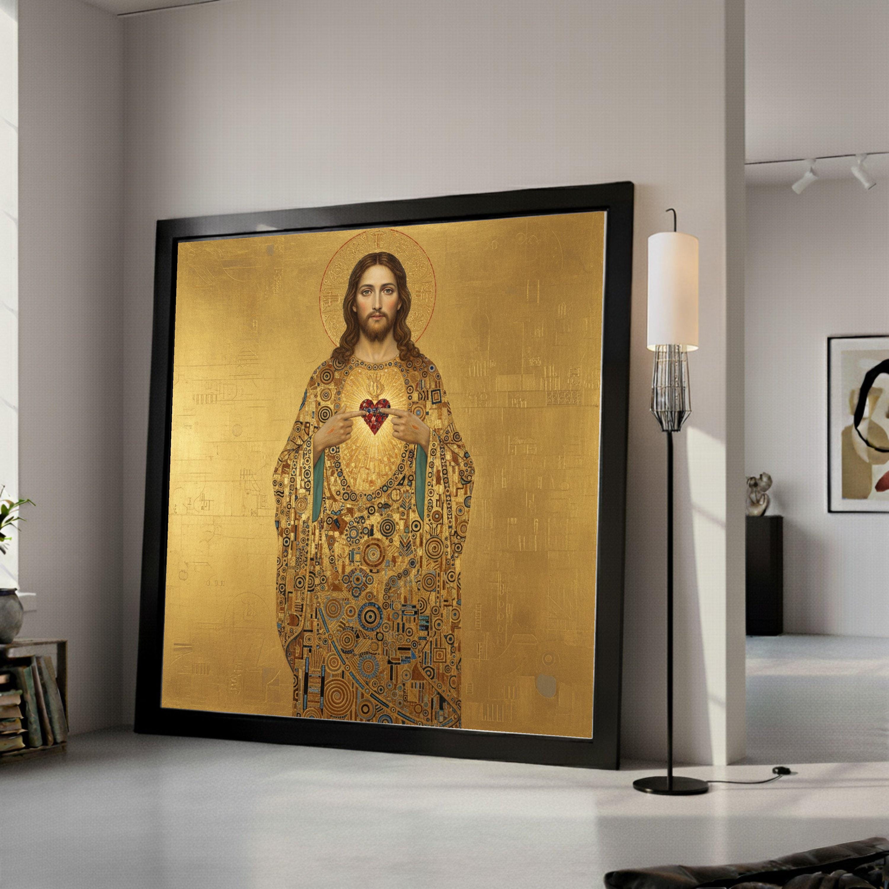 Sacred Heart of Jesus Canvas Wall Art, Religious Icon Painting, Christian Spiritual Decor, Gold Byzantine Style Home Ready To Hang,
