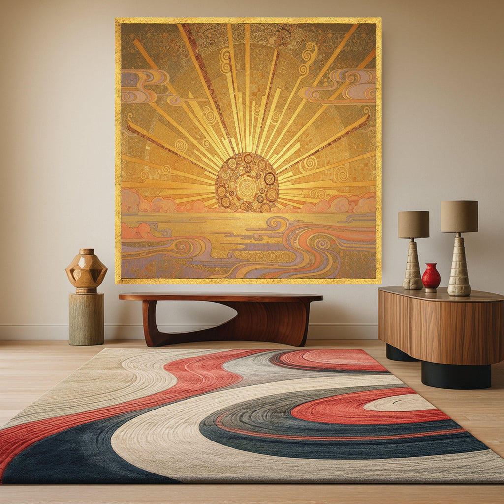 Golden Sunrise Canvas Wall Art, Abstract Sunburst Design, Decorative Home Décor, Modern Geometric Wall Art, Ready to Hang Ready To Hang,