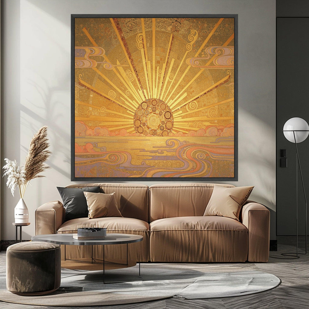 Golden Sunrise Canvas Wall Art, Abstract Sunburst Design, Decorative Home Décor, Modern Geometric Wall Art, Ready to Hang Ready To Hang,