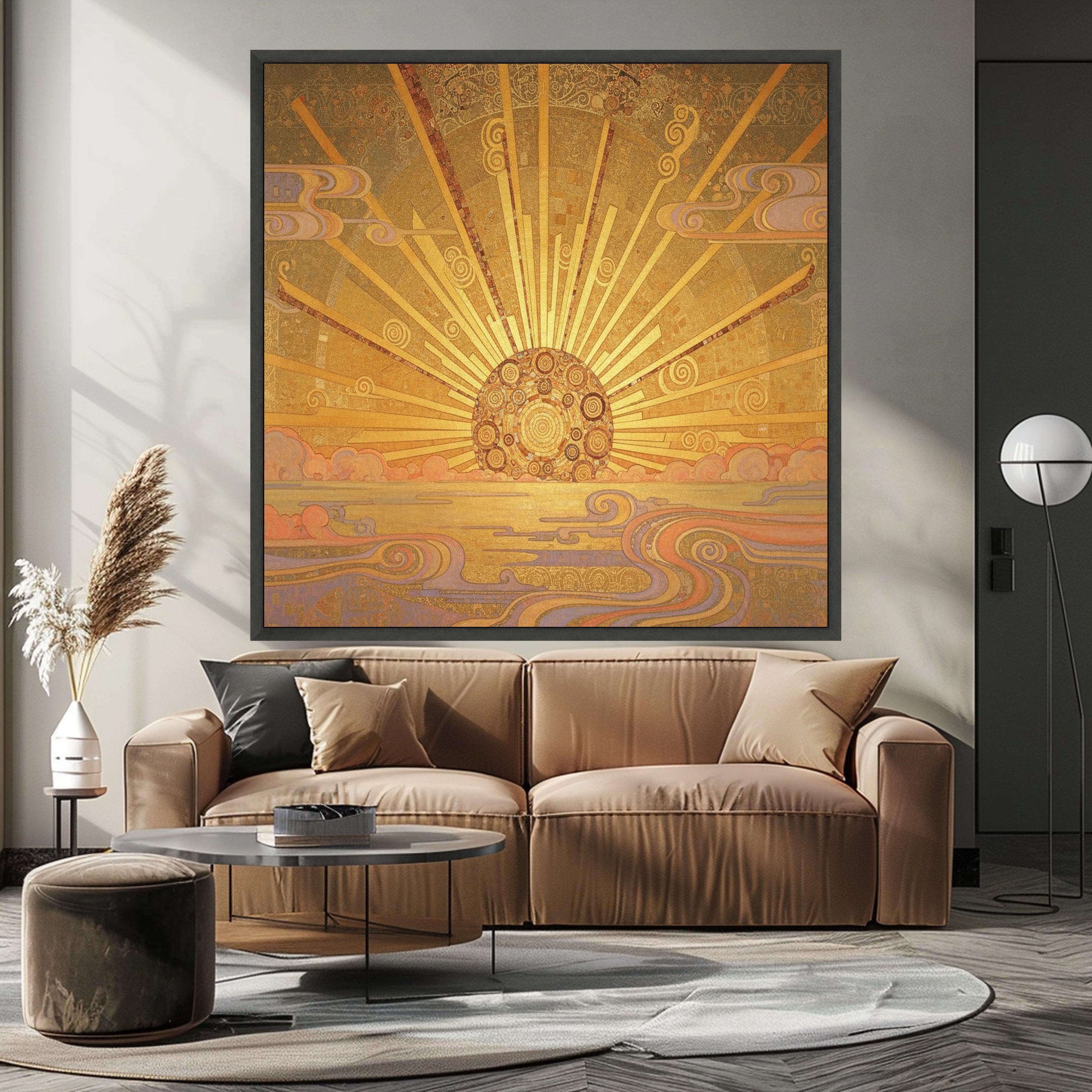 Golden Sunrise Canvas Wall Art, Abstract Sunburst Design, Decorative Home Décor, Modern Geometric Wall Art, Ready to Hang Ready To Hang,