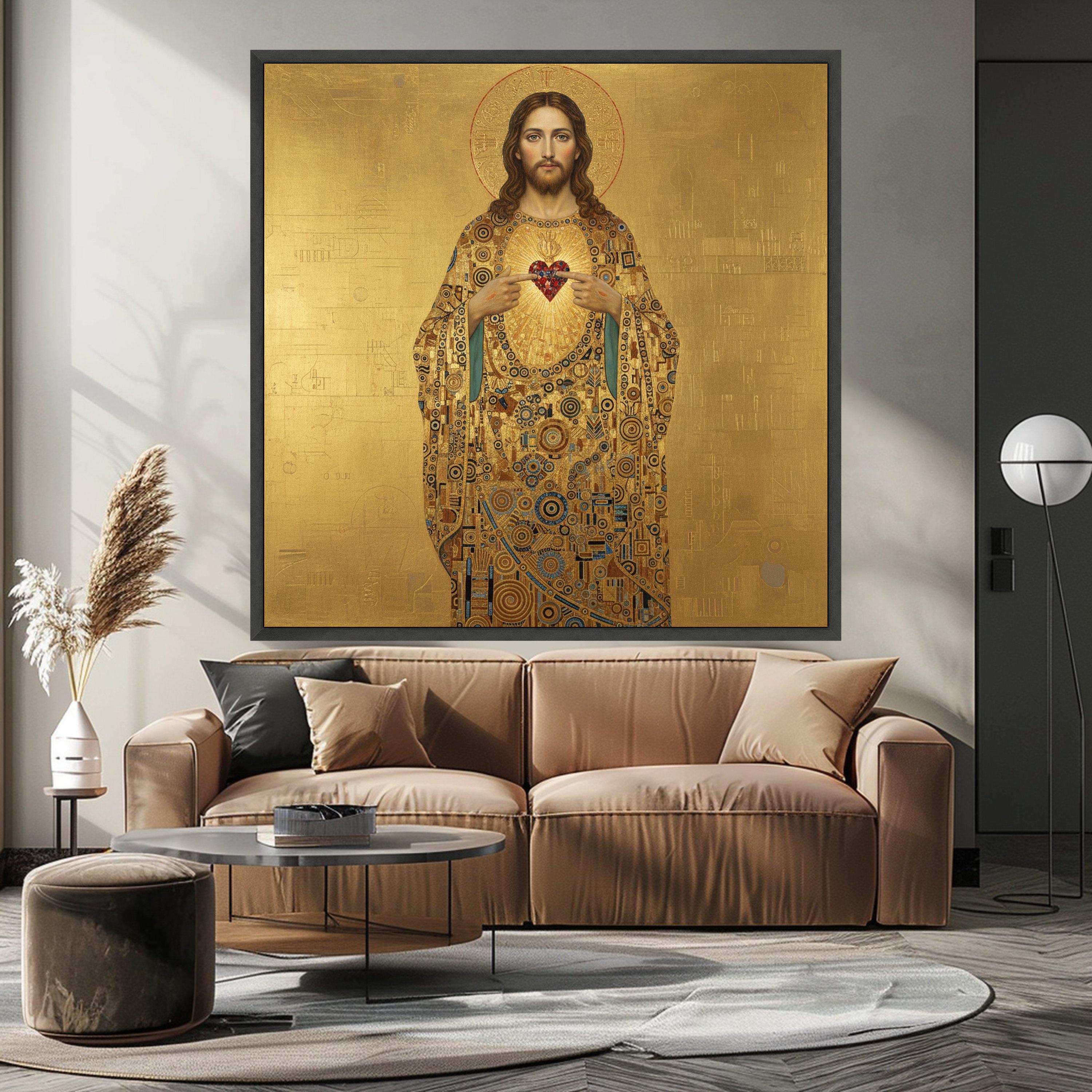 Sacred Heart of Jesus Canvas Wall Art, Religious Icon Painting, Christian Spiritual Decor, Gold Byzantine Style Home Ready To Hang,