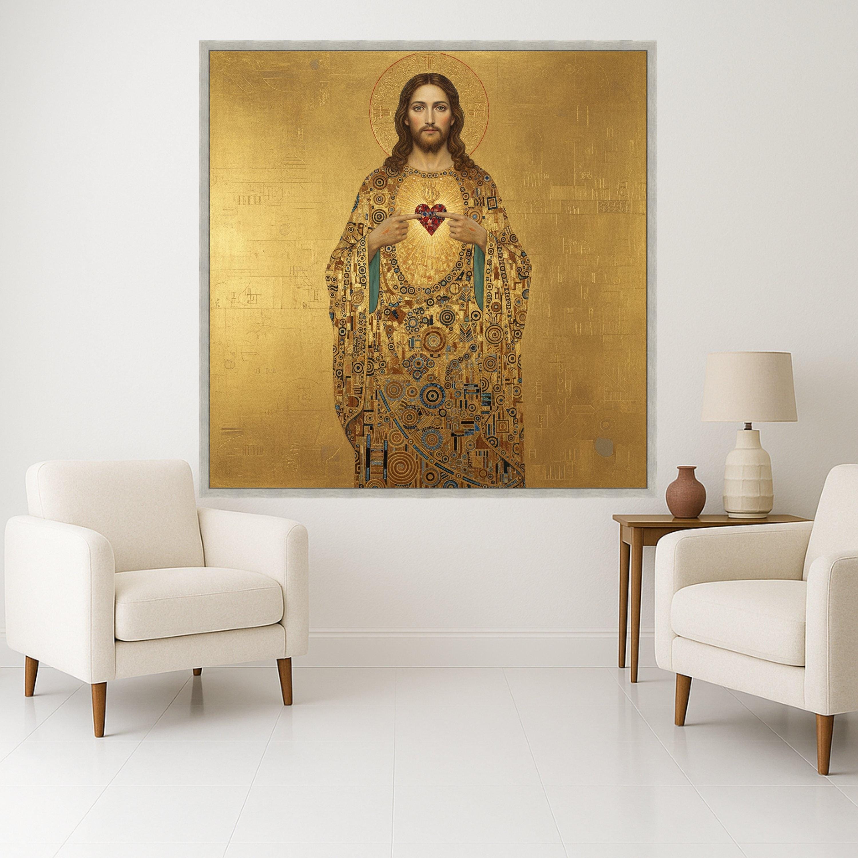 Sacred Heart of Jesus Canvas Wall Art, Religious Icon Painting, Christian Spiritual Decor, Gold Byzantine Style Home Ready To Hang,