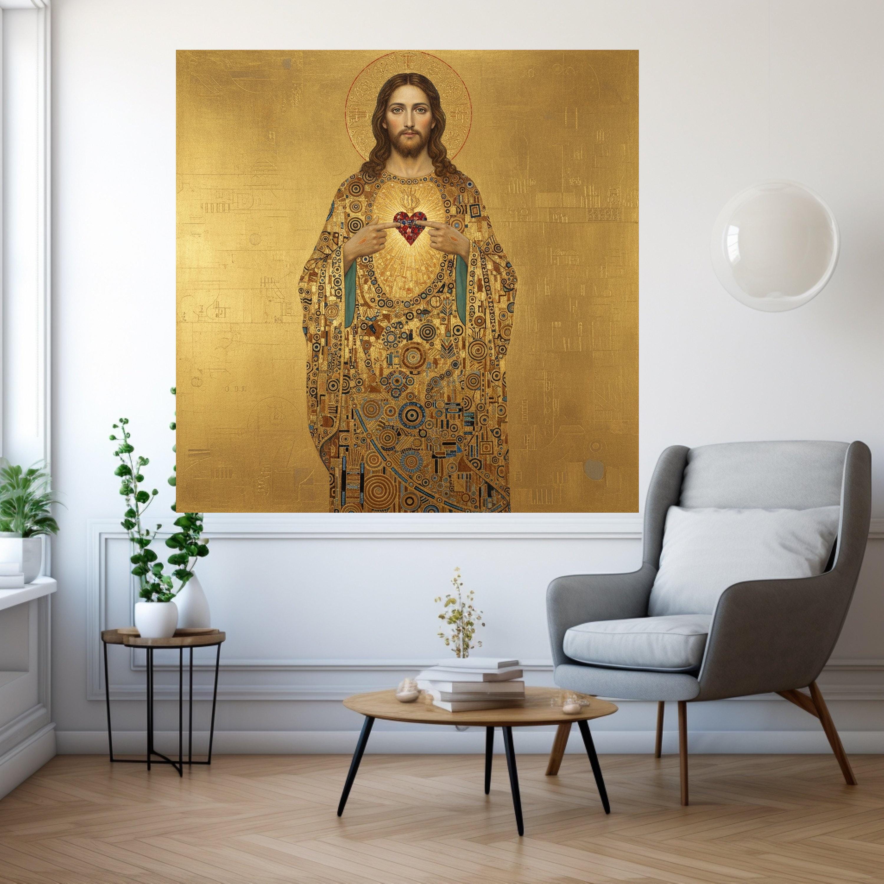 Sacred Heart of Jesus Canvas Wall Art, Religious Icon Painting, Christian Spiritual Decor, Gold Byzantine Style Home Ready To Hang,