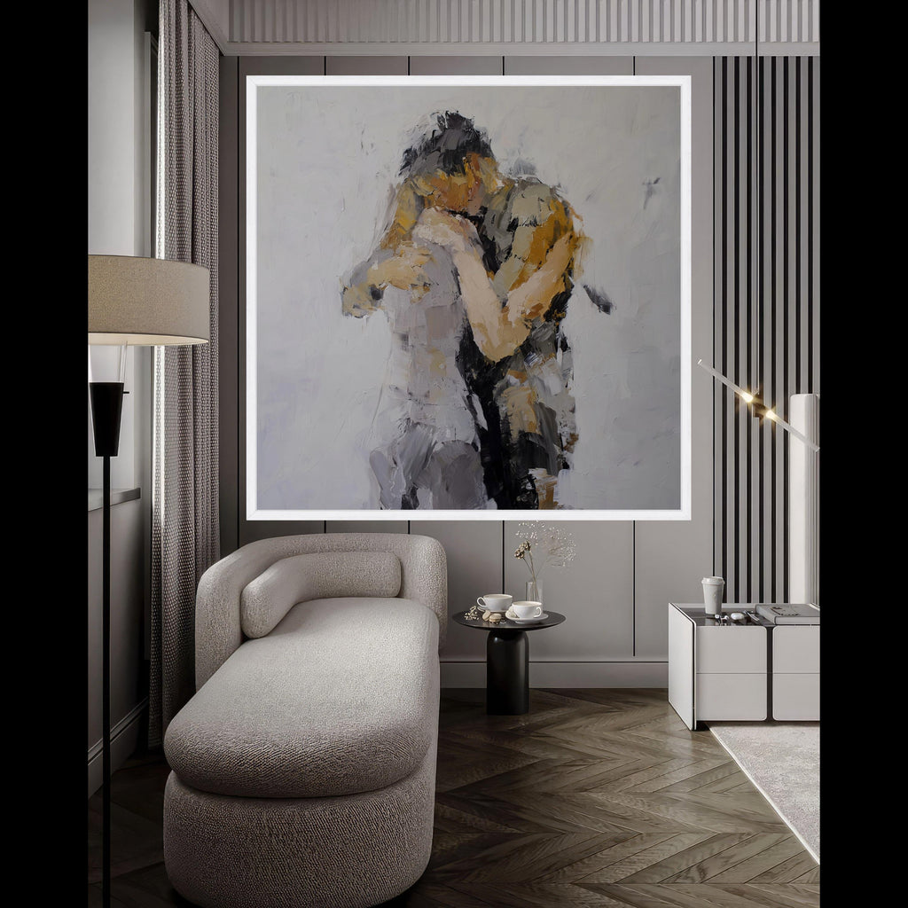 Abstract Lovers Embrace Canvas, Modern Romantic Wall Art, Couple Painting, Intimate Expression Artwork, Home Decor Canvas Ready To Hang,