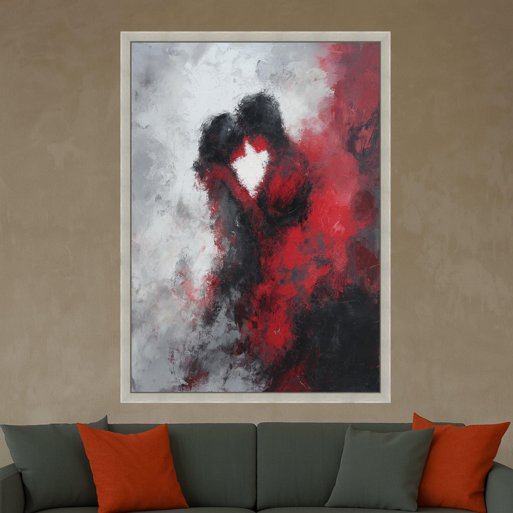 Abstract Romantic Embrace Canvas Wall Art, Red and Black Love Painting, Couple Silhouette, Modern Home Decoration, Ready to Ready To Hang,