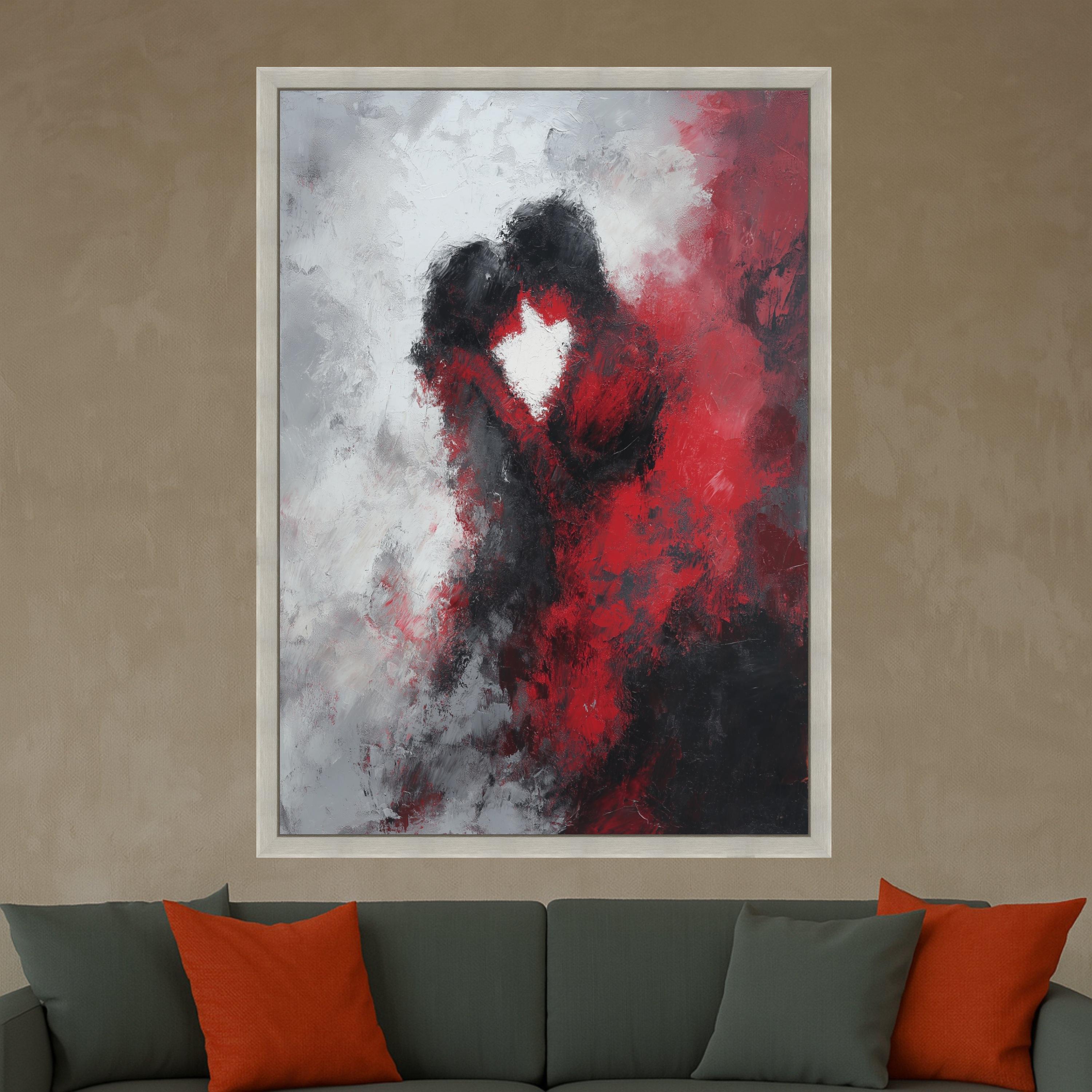 Abstract Romantic Embrace Canvas Wall Art, Red and Black Love Painting, Couple Silhouette, Modern Home Decoration, Ready to Ready To Hang,