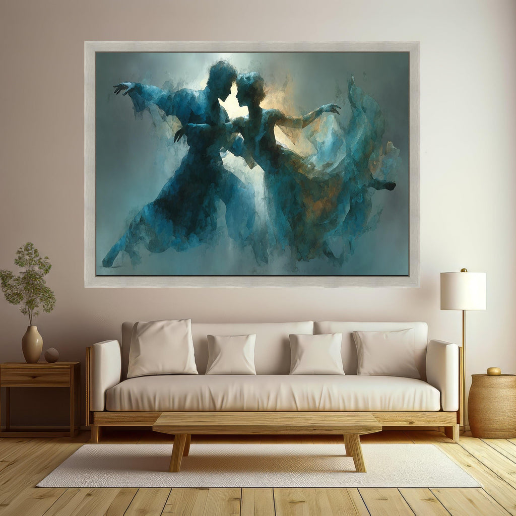 Romantic Ballet Dance Couple Canvas, Abstract Blue Artistic Wall Art, Ethereal Movement Painting, Contemporary Home Decor, Ready To Hang,