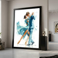 Elegant Dancing Couple Canvas Wall Art, Romantic Ballroom Scene, Watercolor Style Dance Art, Blue Dress and Suit Painting, Ready To Hang,