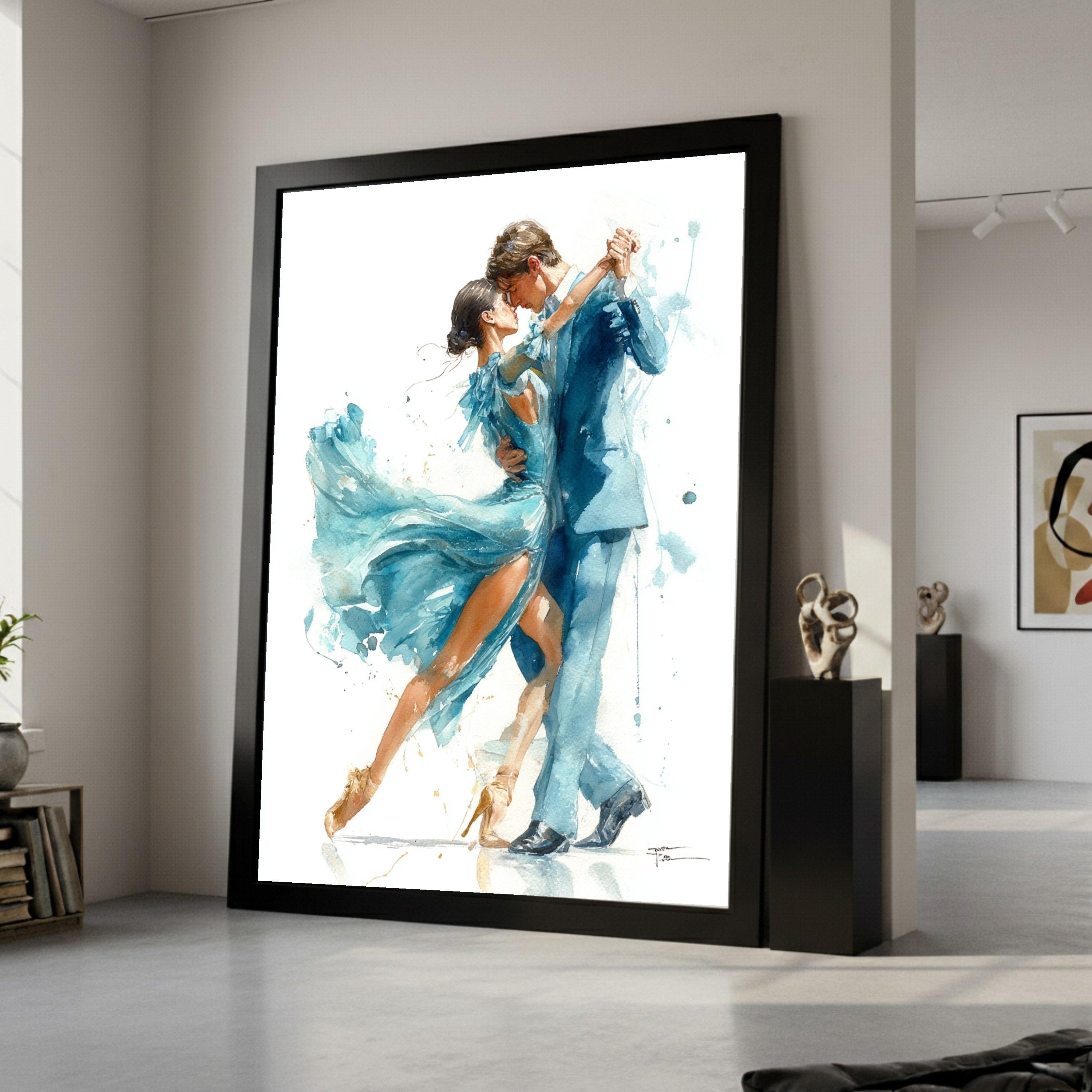 Elegant Dancing Couple Canvas Wall Art, Romantic Ballroom Scene, Watercolor Style Dance Art, Blue Dress and Suit Painting, Ready To Hang,