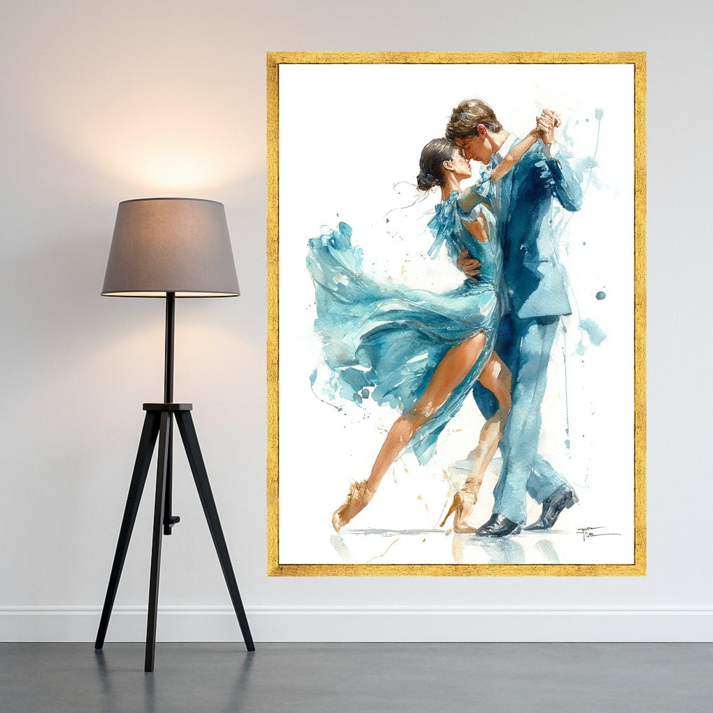 Elegant Dancing Couple Canvas Wall Art, Romantic Ballroom Scene, Watercolor Style Dance Art, Blue Dress and Suit Painting, Ready To Hang,