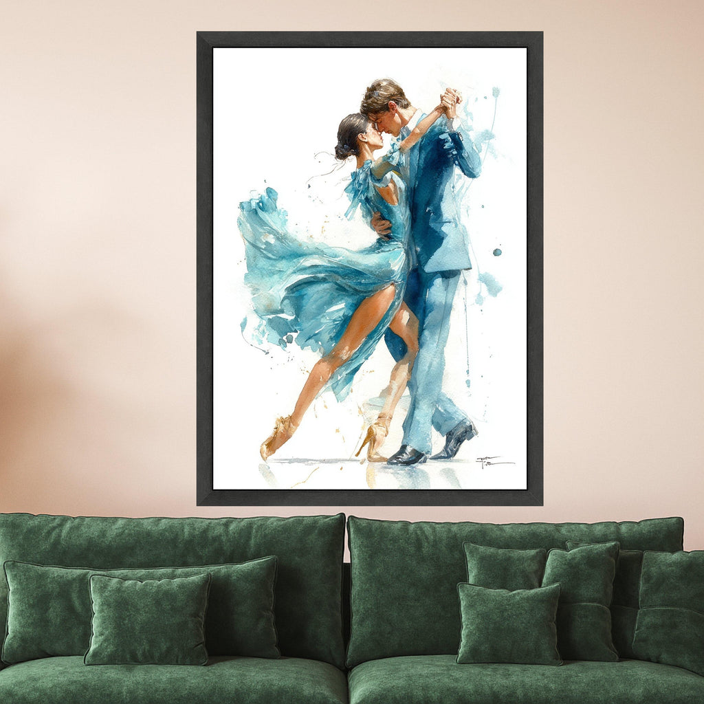 Elegant Dancing Couple Canvas Wall Art, Romantic Ballroom Scene, Watercolor Style Dance Art, Blue Dress and Suit Painting, Ready To Hang,