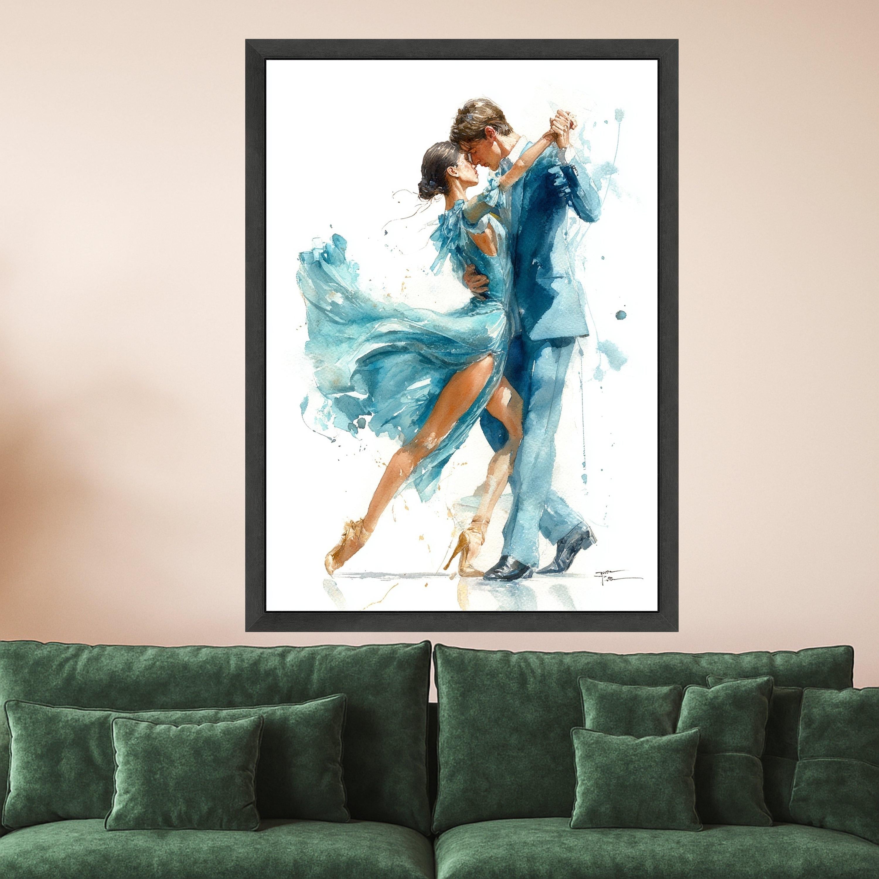 Elegant Dancing Couple Canvas Wall Art, Romantic Ballroom Scene, Watercolor Style Dance Art, Blue Dress and Suit Painting, Ready To Hang,