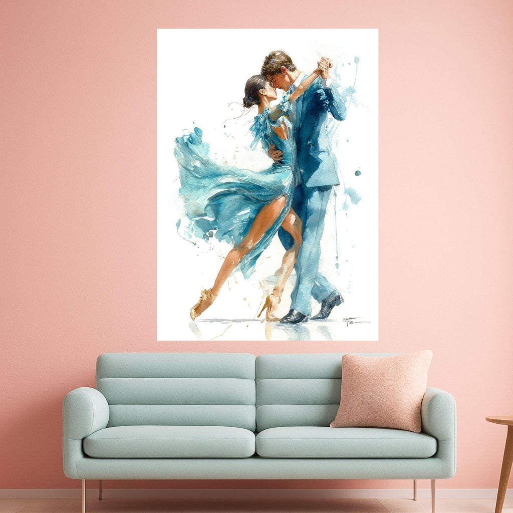 Elegant Dancing Couple Canvas Wall Art, Romantic Ballroom Scene, Watercolor Style Dance Art, Blue Dress and Suit Painting, Ready To Hang,