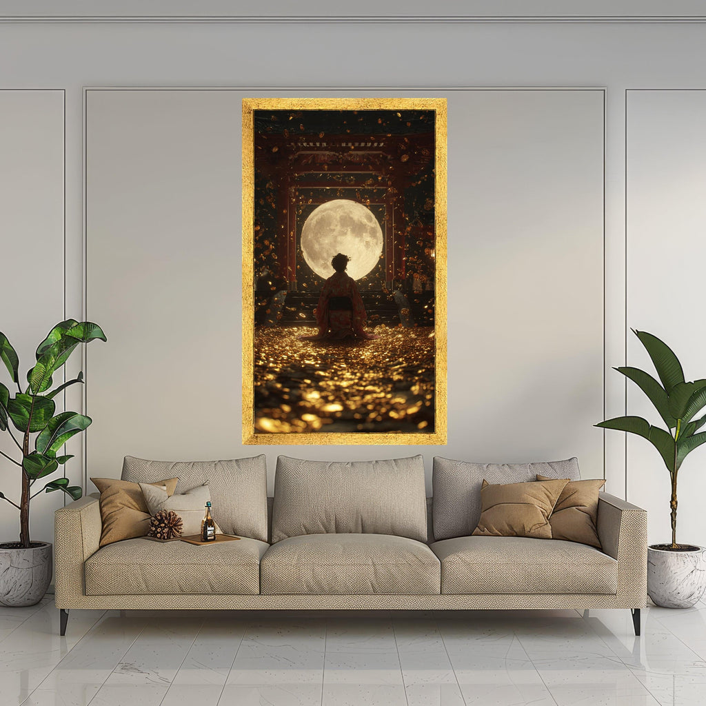 Large Framed Kimono Figure, Moon Canvas Art, Golden Coins Print, Japanese Temple Wall Art, Mystical Night Decoration Ready To Hang,