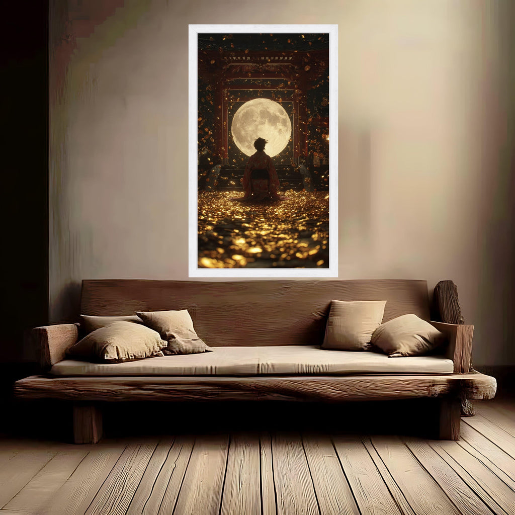Large Framed Kimono Figure, Moon Canvas Art, Golden Coins Print, Japanese Temple Wall Art, Mystical Night Decoration Ready To Hang,
