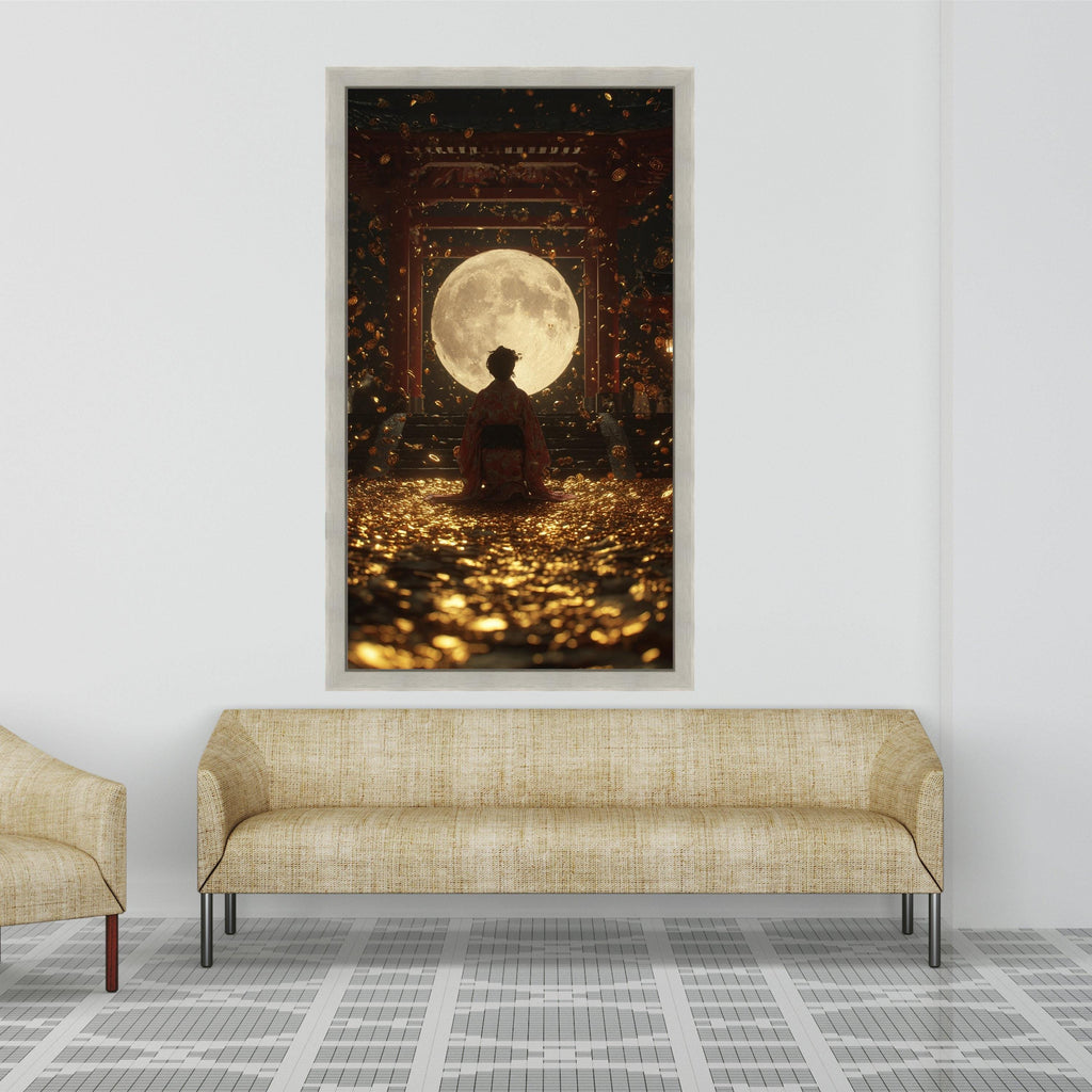 Large Framed Kimono Figure, Moon Canvas Art, Golden Coins Print, Japanese Temple Wall Art, Mystical Night Decoration Ready To Hang,