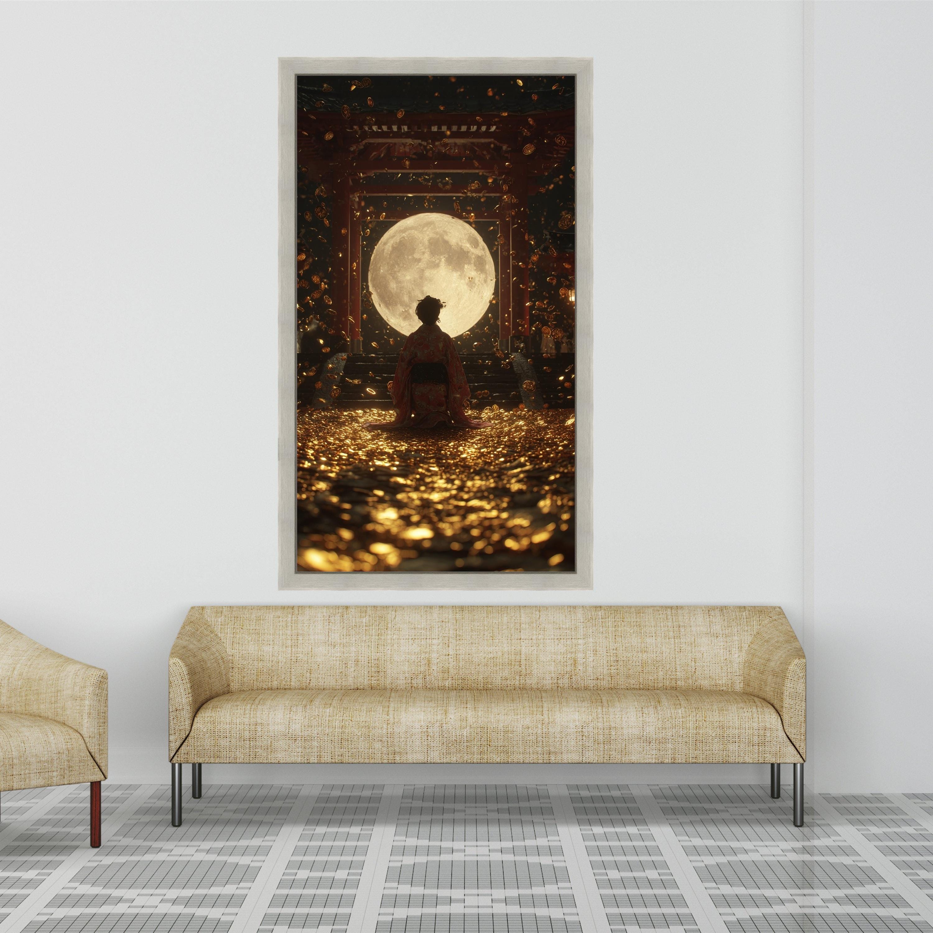 Large Framed Kimono Figure, Moon Canvas Art, Golden Coins Print, Japanese Temple Wall Art, Mystical Night Decoration Ready To Hang,