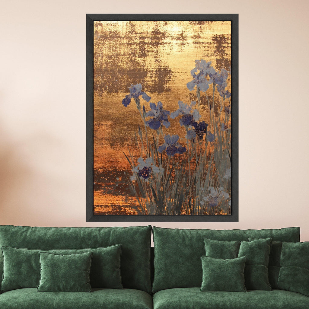 Large Framed Gold Canvas, Blue Iris Art, Elegant Floral Print, Modern Wall Decoration Ready To Hang,
