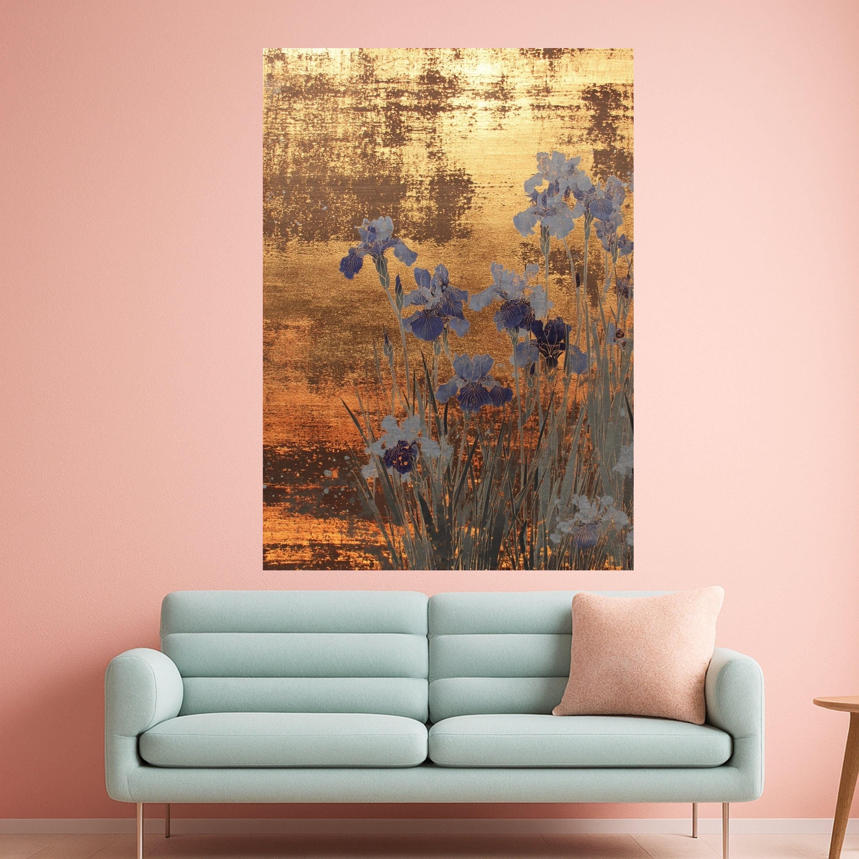 Large Framed Gold Canvas, Blue Iris Art, Elegant Floral Print, Modern Wall Decoration Ready To Hang,