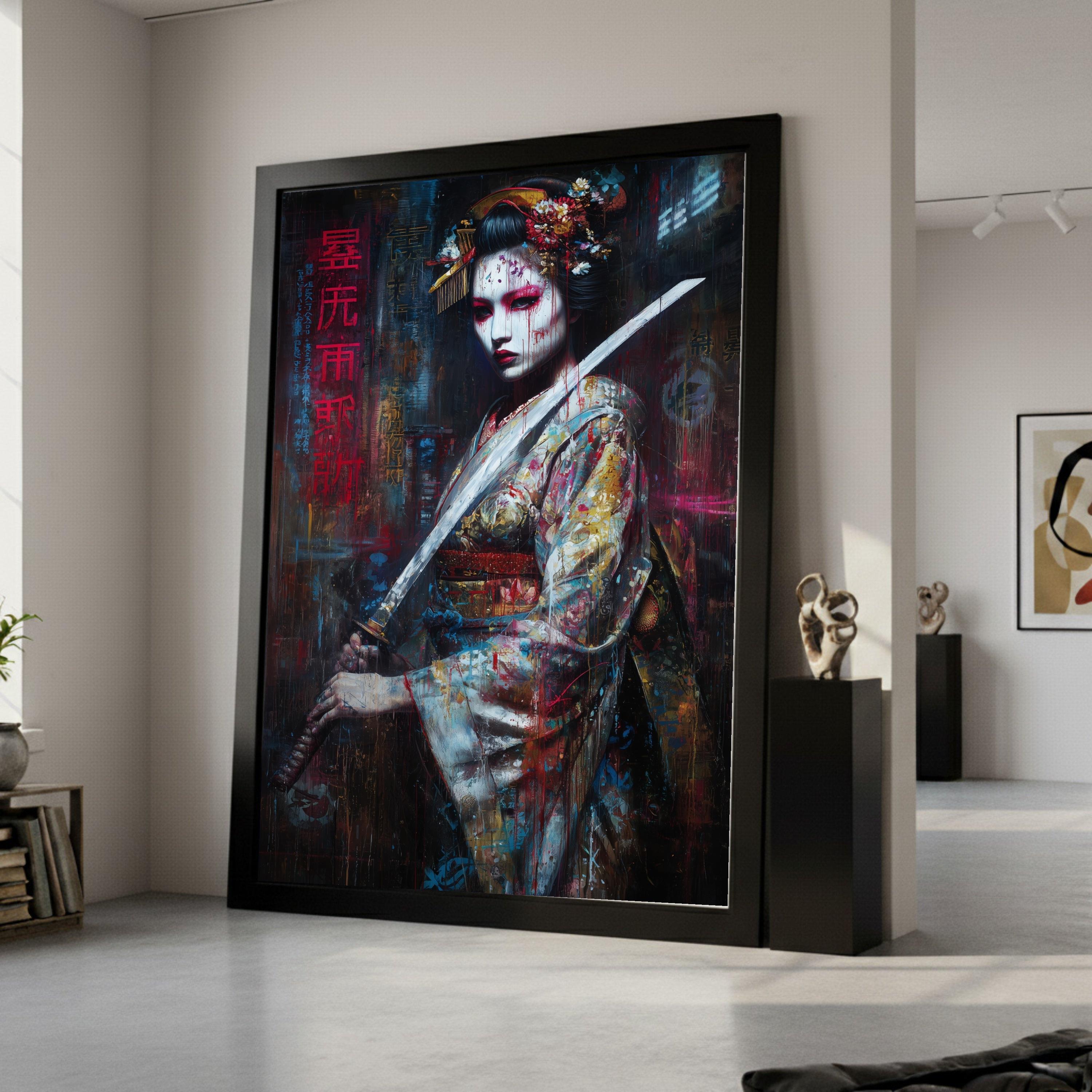 Fierce Geisha Warrior, Large Framed Canvas, Japanese Sword Art, Dramatic Wall Print Ready To Hang,