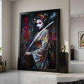 Fierce Geisha Warrior, Large Framed Canvas, Japanese Sword Art, Dramatic Wall Print Ready To Hang,