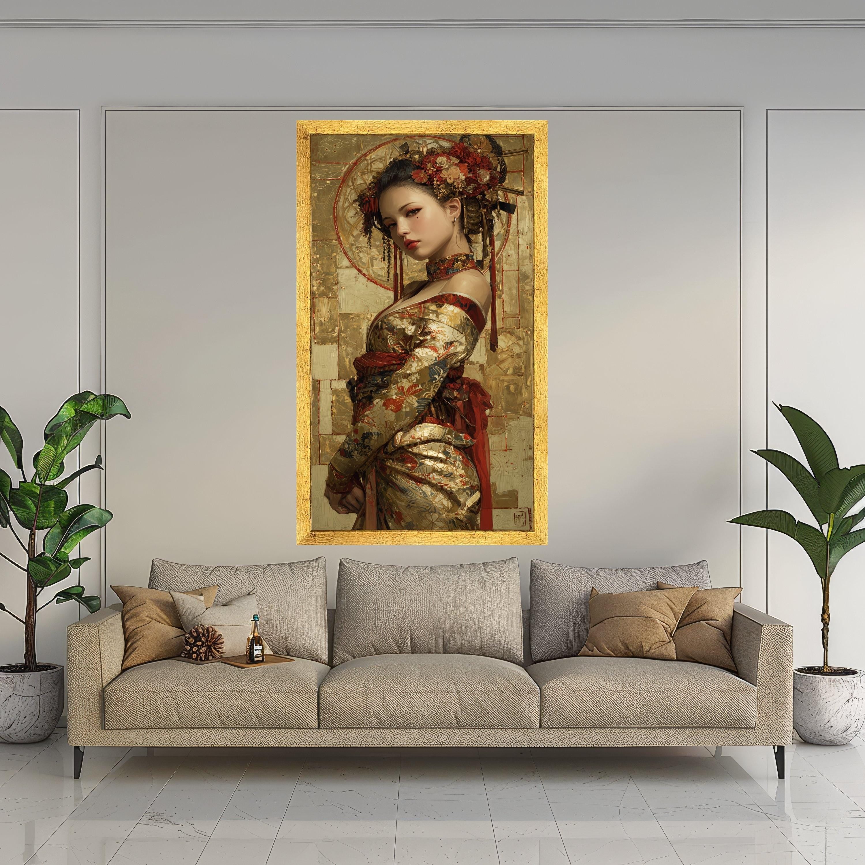 Elegant Asian Woman Portrait, Gold Floral Kimono, Framed Canvas Wall Art, Large Print Home Decor, Artistic Modern Painting Ready To Hang,