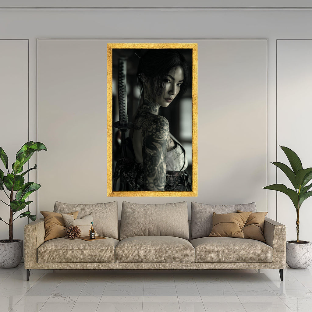 Large Framed Japanese Tattoo, Samurai Sword Canvas, Dark Portrait Art, Asian Woman Print, Modern Wall Decoration Ready To Hang,