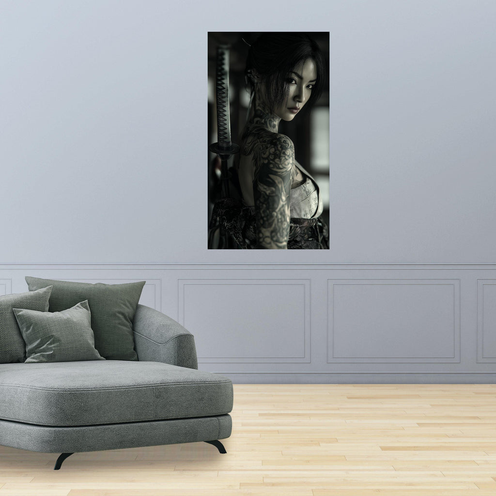 Large Framed Japanese Tattoo, Samurai Sword Canvas, Dark Portrait Art, Asian Woman Print, Modern Wall Decoration Ready To Hang,