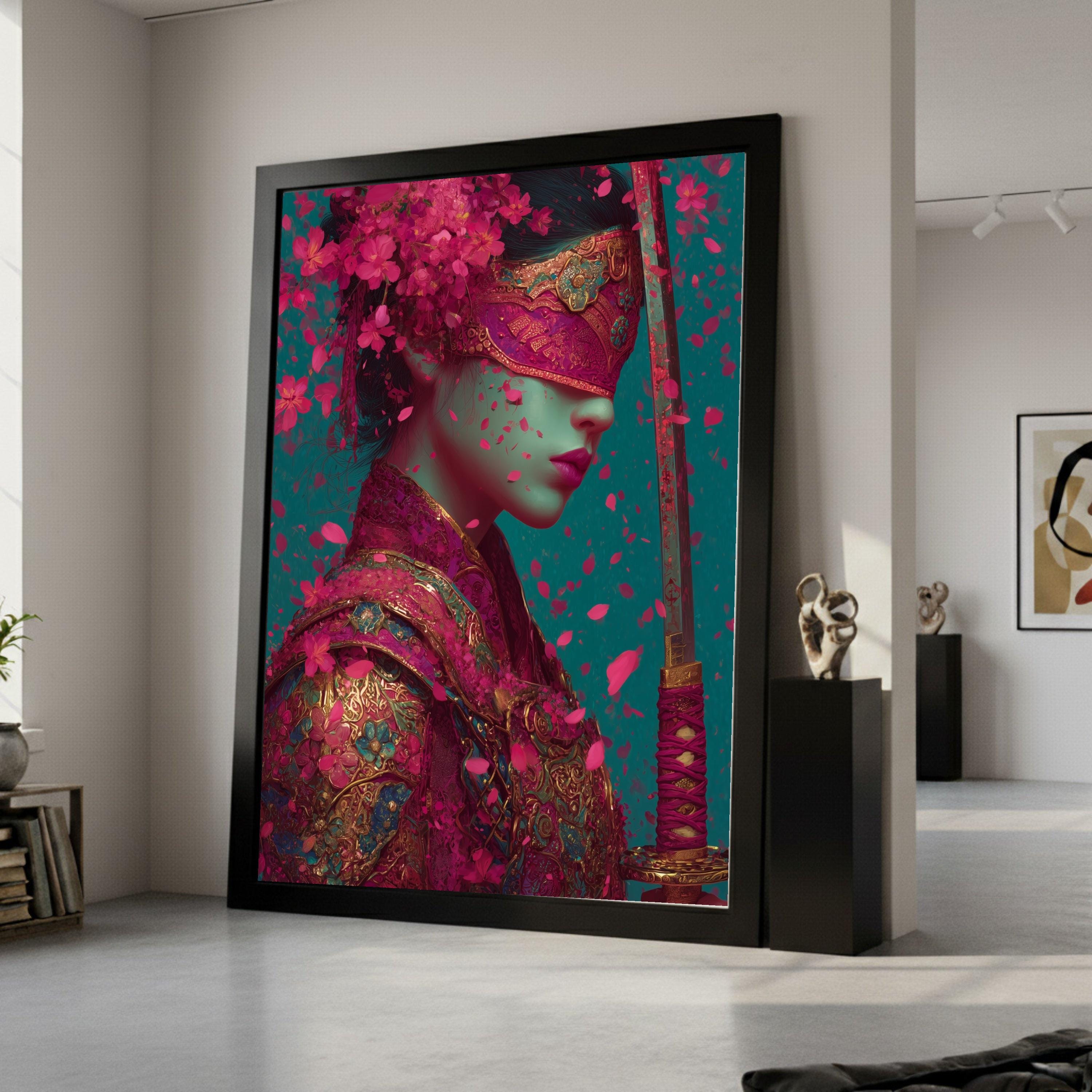 Ornate Samurai Woman Canvas, Floral Armor Art, Pink Petal Print, Sword Wall Decoration Ready To Hang,