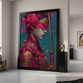 Ornate Samurai Woman Canvas, Floral Armor Art, Pink Petal Print, Sword Wall Decoration Ready To Hang,