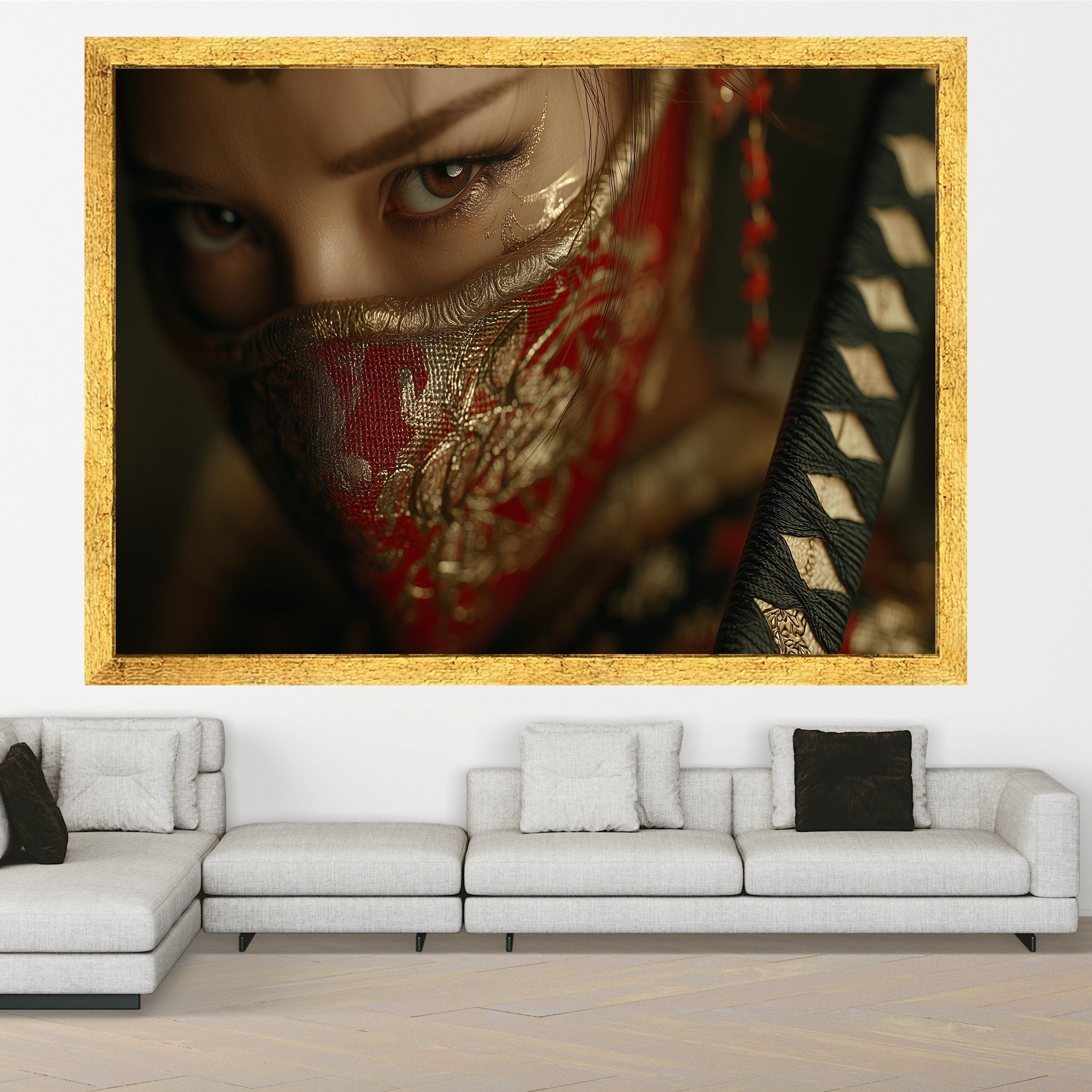 Intense Eyes Close Up, Large Framed Art, Intricate Red Mask, Canvas Wall Print, Ready to Hang Decoration Ready To Hang,
