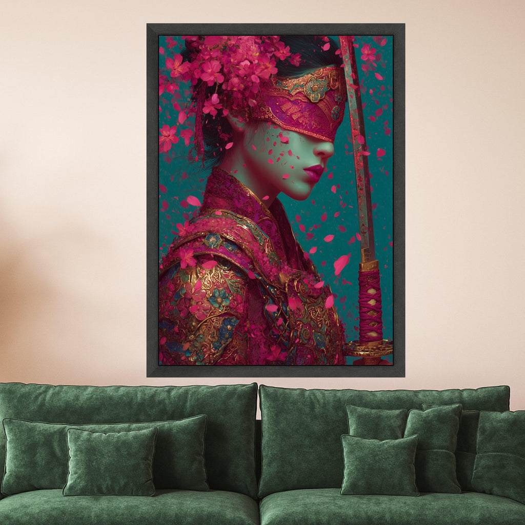 Ornate Samurai Woman Canvas, Floral Armor Art, Pink Petal Print, Sword Wall Decoration Ready To Hang,